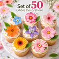 50 Floral Edible Toppers, Wafer Paper Flower Decorations, Edible Cupcake Toppers, Flower Cake Decor