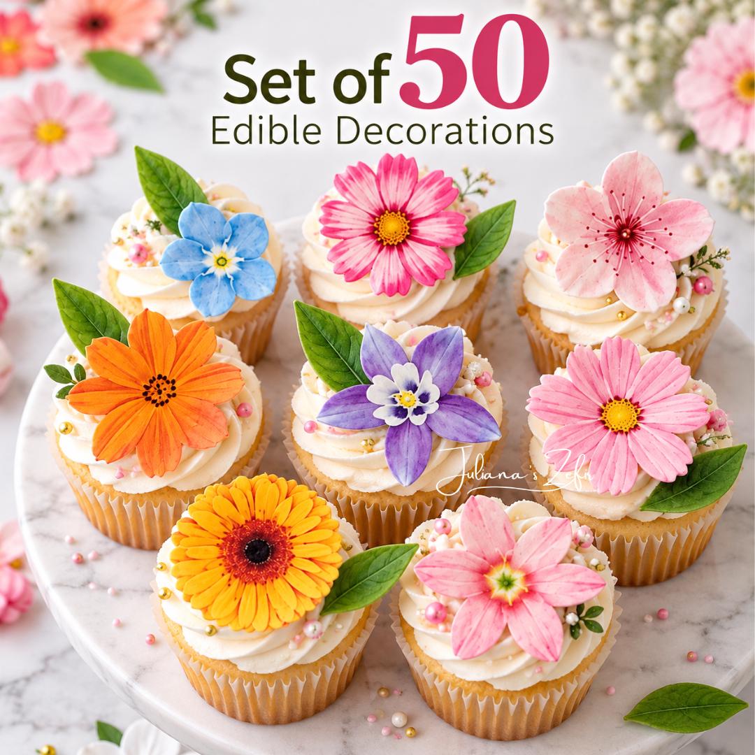 50 Floral Edible Toppers, Wafer Paper Flower Decorations, Edible Cupcake Toppers, Flower Cake Decor
