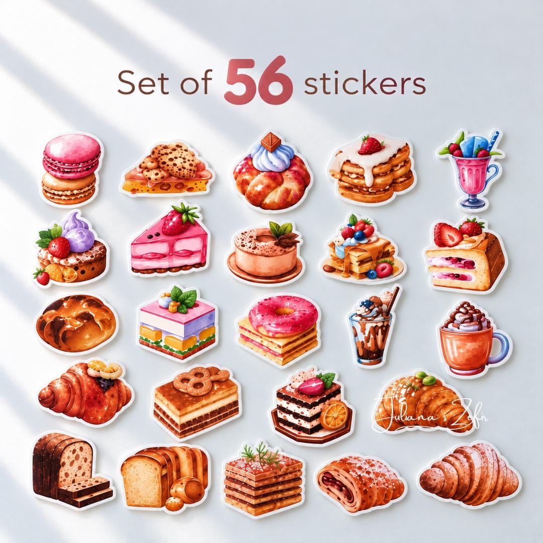 56 Bakery & Dessert Stickers, Cakes Pastries and Sweets Sticker Set, Baking Stickers, Cute Food Stickers, Baker Gift