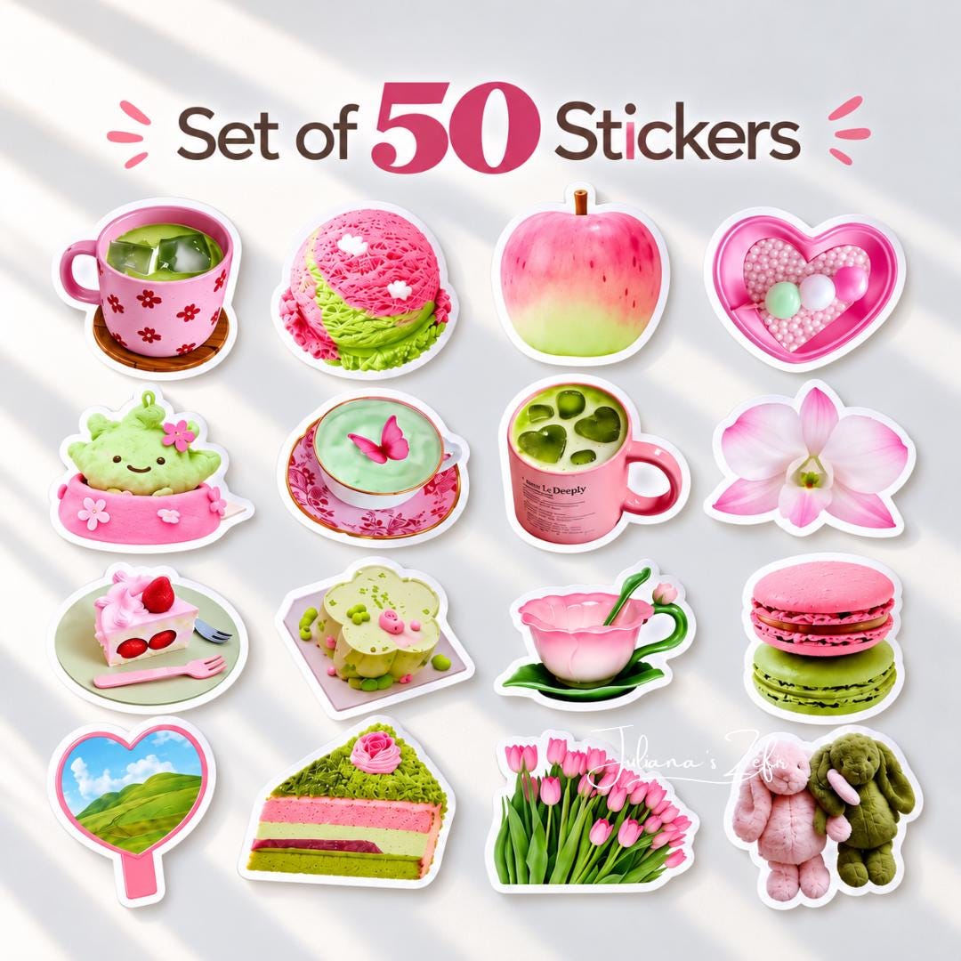 50 Pink & Green Aesthetic Stickers, Cute Girly Sticker Set, Matcha Flowers Sweets Stickers, Journal Planner Scrapbook Stickers
