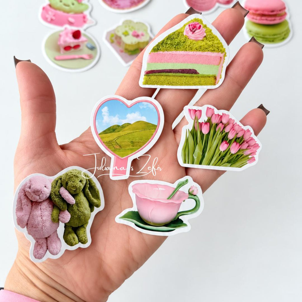 50 Pink & Green Aesthetic Stickers, Cute Girly Sticker Set, Matcha Flowers Sweets Stickers, Journal Planner Scrapbook Stickers