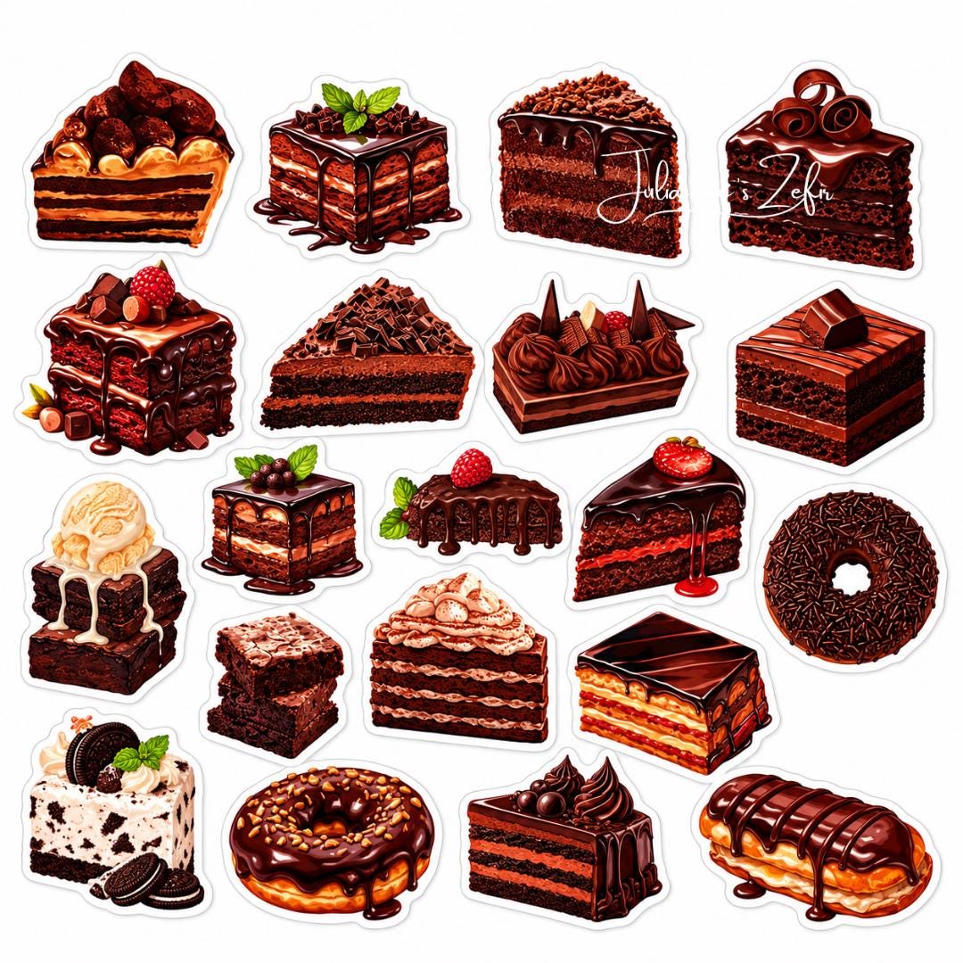 50 Chocolate Dessert Stickers, Chocolate Cake & Brownie Stickers, Sweet Treats Sticker Set, Bakery Food Stickers, Baker Gift