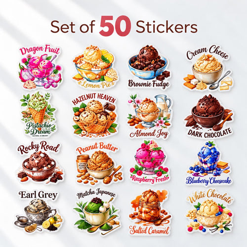 50 Ice Cream Stickers, Ice Cream Flavors Sticker Set, Dessert & Sweet Treat Stickers, Cute Food Stickers, Ice Cream Lover Gift