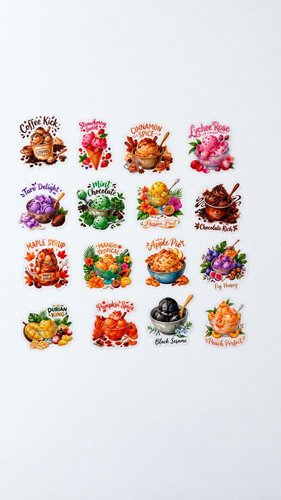 50 Ice Cream Stickers, Ice Cream Flavors Sticker Set, Dessert & Sweet Treat Stickers, Cute Food Stickers, Ice Cream Lover Gift