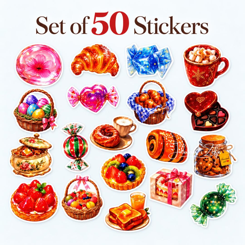 50 Sweet Treat Stickers, Cute Dessert & Bakery Stickers, Candy Pastry Food Sticker Set, Colorful Journal Stickers, Baker Gift