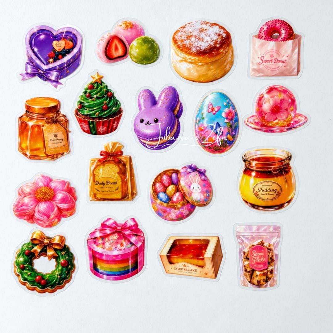 50 Sweet Treat Stickers, Cute Dessert & Bakery Stickers, Candy Pastry Food Sticker Set, Colorful Journal Stickers, Baker Gift
