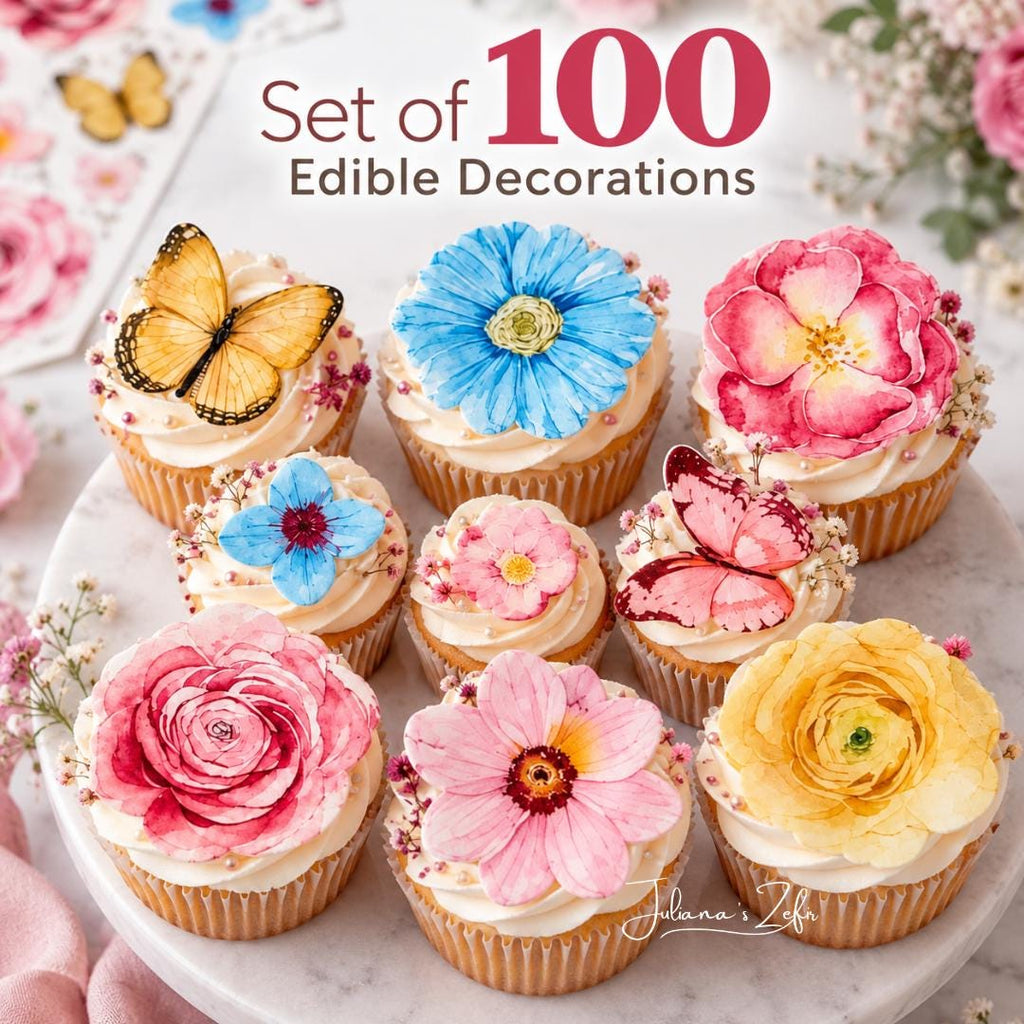 100 Floral Edible Toppers, Wafer Paper Flower Decorations, Edible Cupcake Toppers, Flower Cake Decor