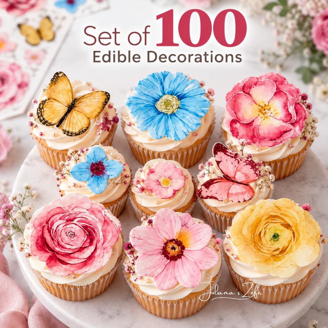 100 Floral Edible Toppers, Wafer Paper Flower Decorations, Edible Cupcake Toppers, Flower Cake Decor