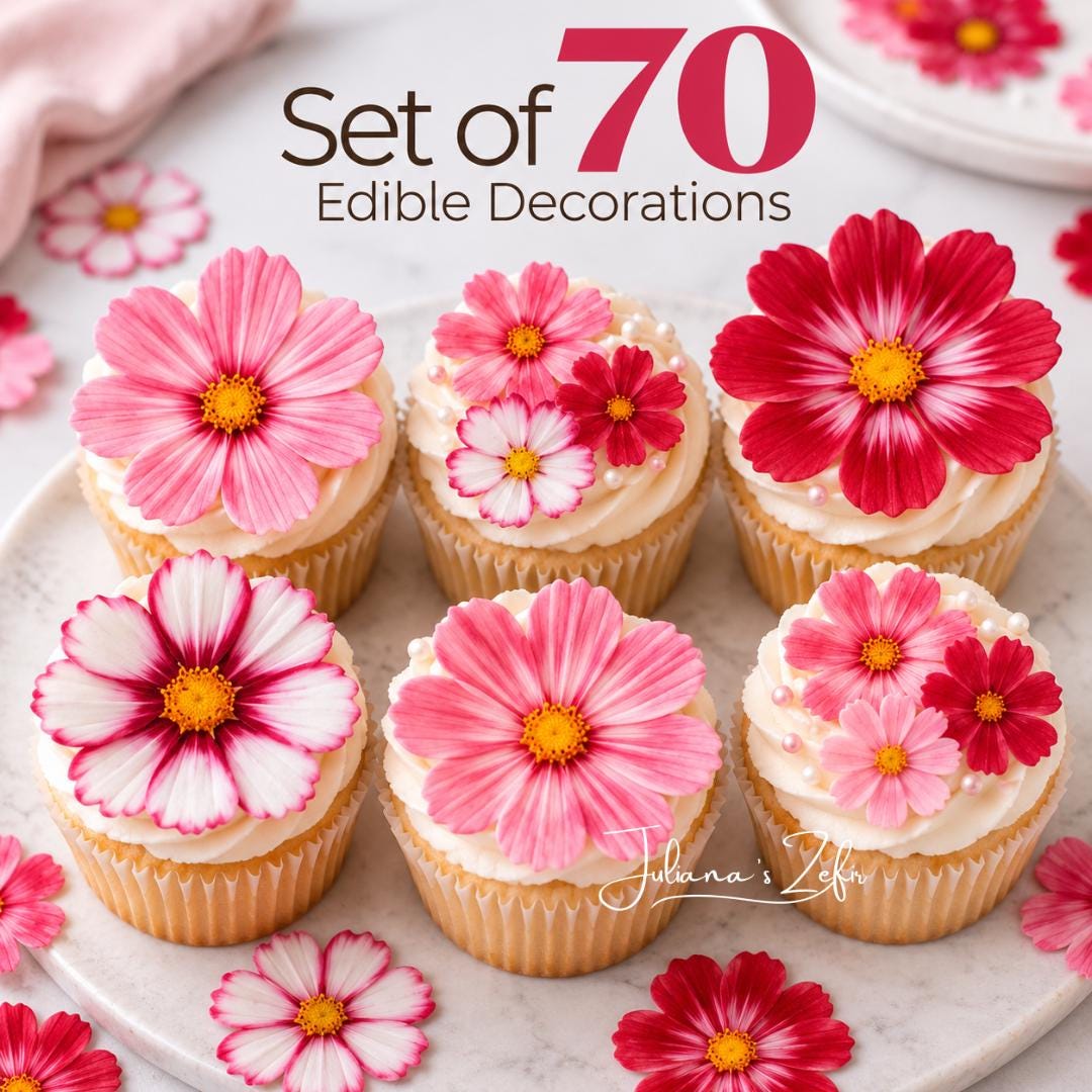 70 Floral Edible Toppers, Wafer Paper Flower Decorations, Edible Cupcake Toppers, Flower Cake Decor