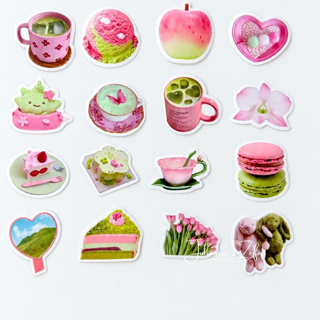 50 Pink & Green Aesthetic Stickers, Cute Girly Sticker Set, Matcha Flowers Sweets Stickers, Journal Planner Scrapbook Stickers
