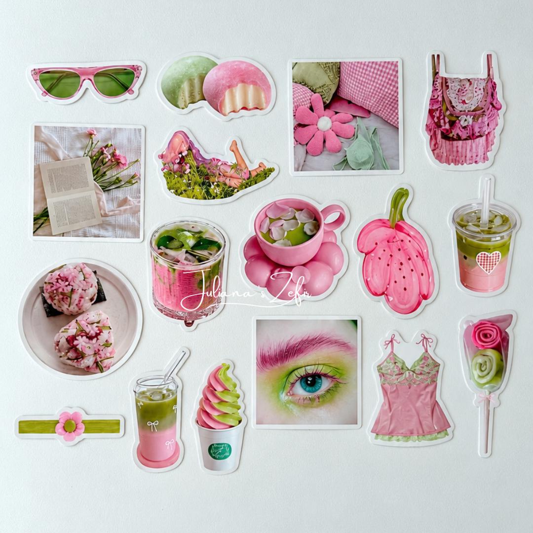 50 Pink & Green Aesthetic Stickers, Cute Girly Sticker Set, Matcha Flowers Sweets Stickers, Journal Planner Scrapbook Stickers
