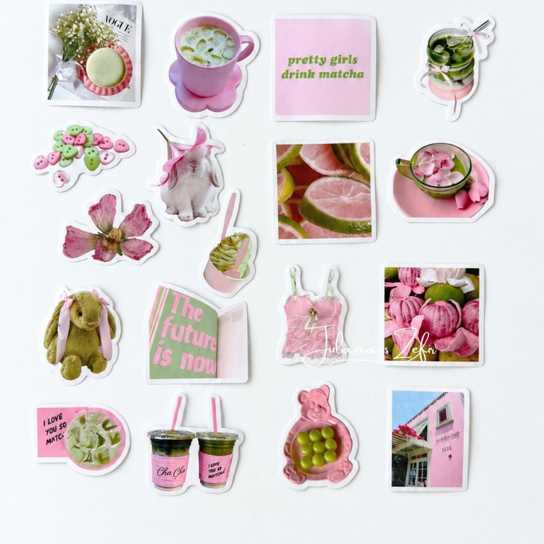 50 Pink & Green Aesthetic Stickers, Cute Girly Sticker Set, Matcha Flowers Sweets Stickers, Journal Planner Scrapbook Stickers