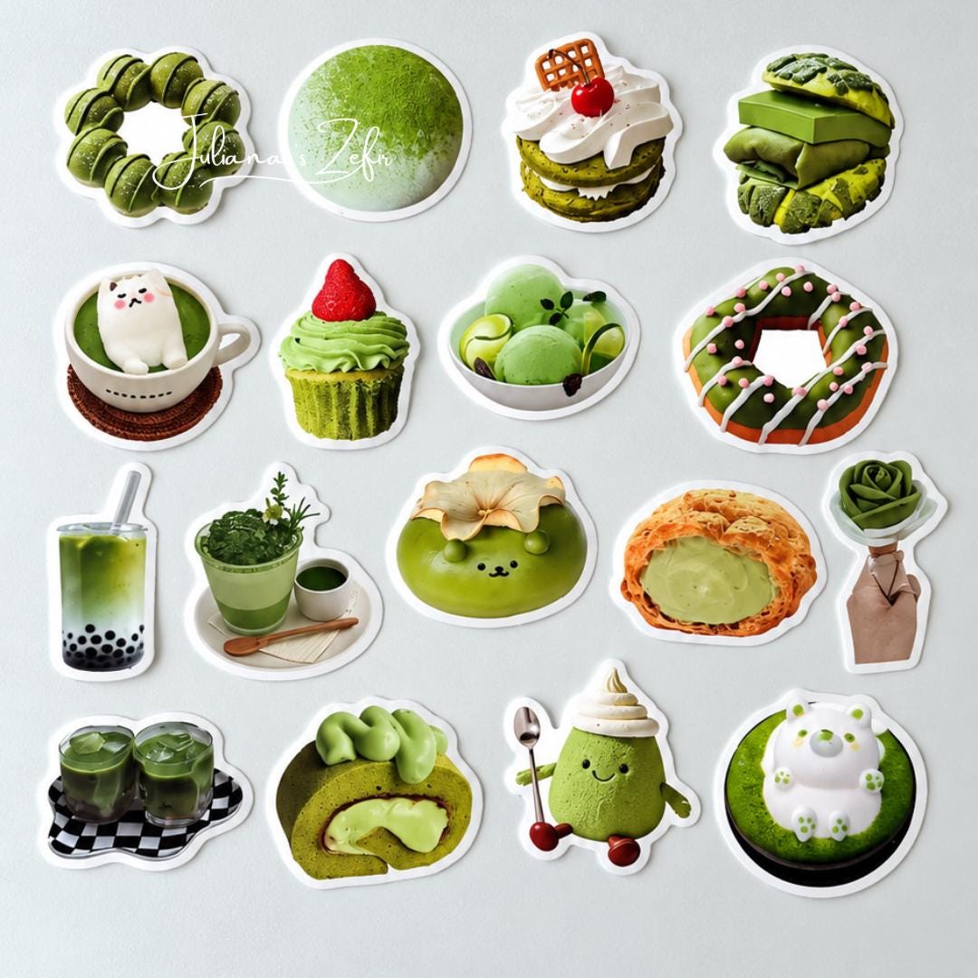 50 Matcha Stickers, Green Dessert & Cake Stickers, Matcha Lover Sticker Set, Bakery Food Stickers, Cute Journal Stickers