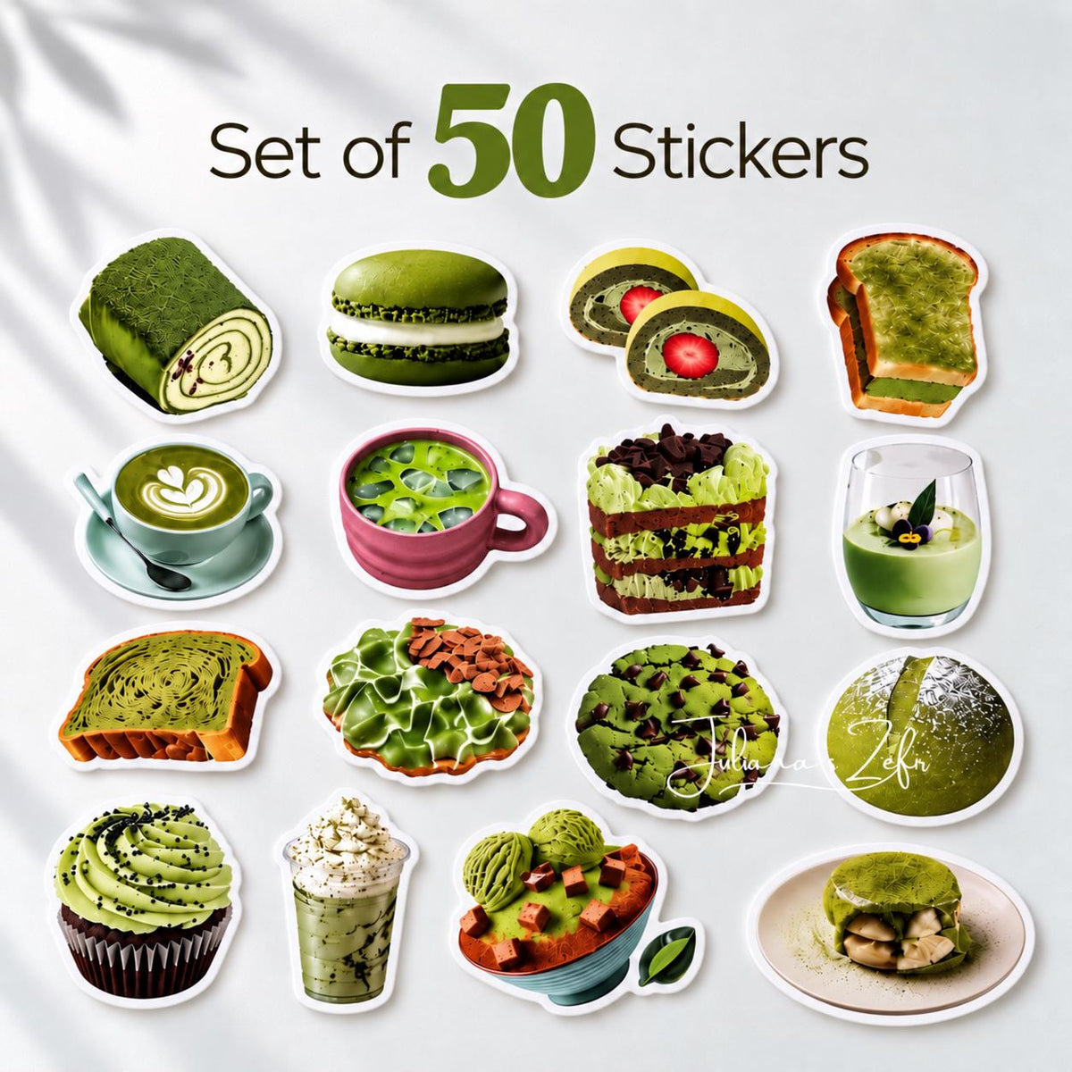 50 Matcha Stickers, Green Dessert & Cake Stickers, Matcha Lover Sticker Set, Bakery Food Stickers, Cute Journal Stickers