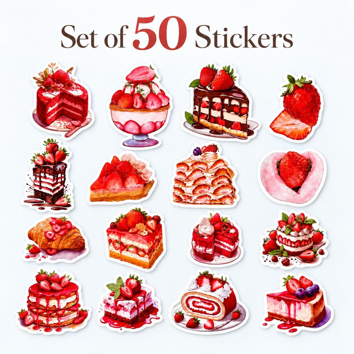 50 Strawberry Dessert Stickers, Strawberry Cake & Pastry Stickers, Cute Food Sticker Set, Bakery Stickers, Baker Gift