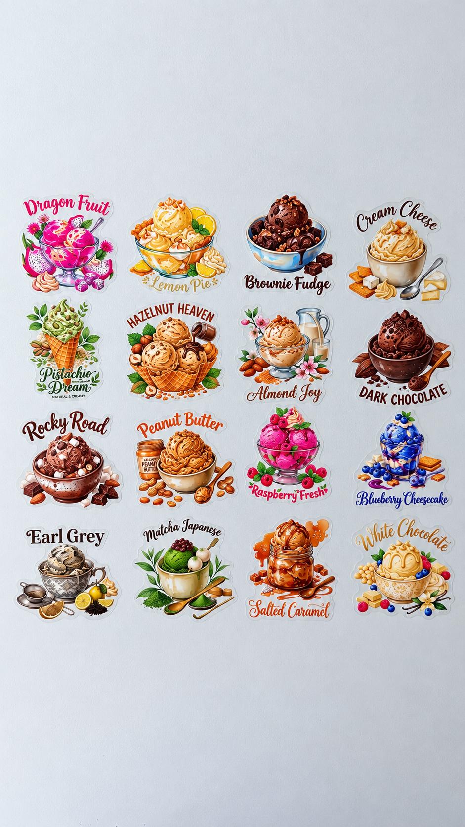 50 Ice Cream Stickers, Ice Cream Flavors Sticker Set, Dessert & Sweet Treat Stickers, Cute Food Stickers, Ice Cream Lover Gift