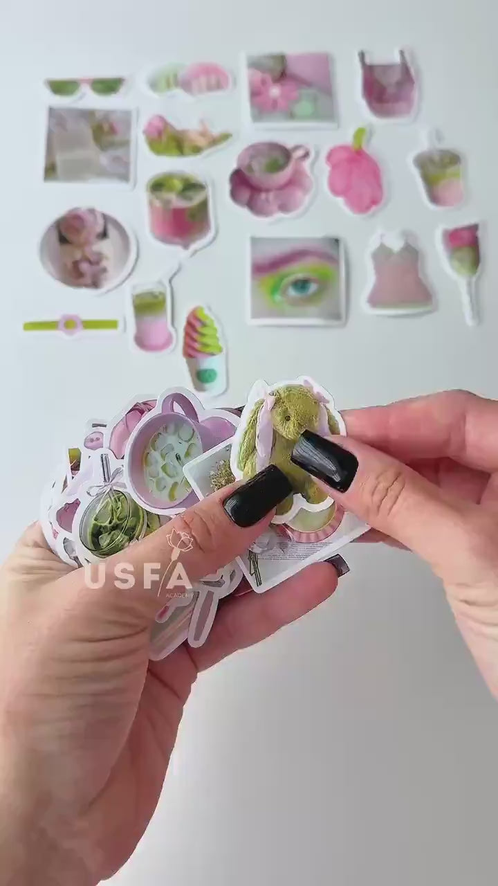 50 Pink & Green Aesthetic Stickers, Cute Girly Sticker Set, Matcha Flowers Sweets Stickers, Journal Planner Scrapbook Stickers